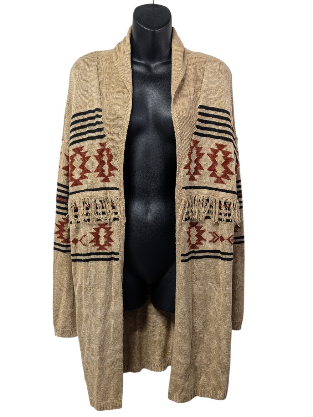 Maurices Women's Brown Geometric Fringe Open Front Knit Cardigan Sweater Size S